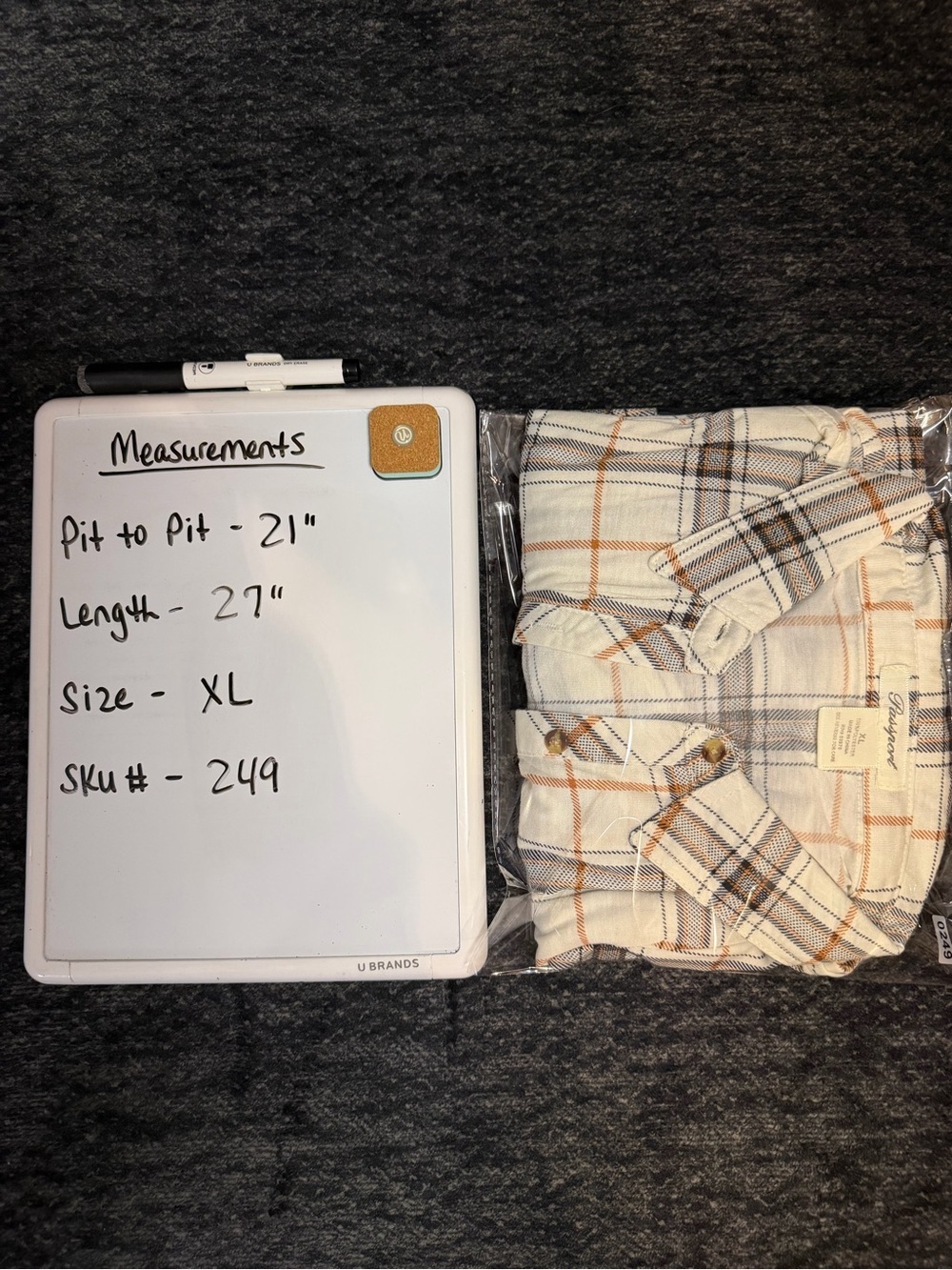 Passport Plaid Button Front Roll Tab Sleeve Shirt XL Beige Black Orange - Picture 6 of 6